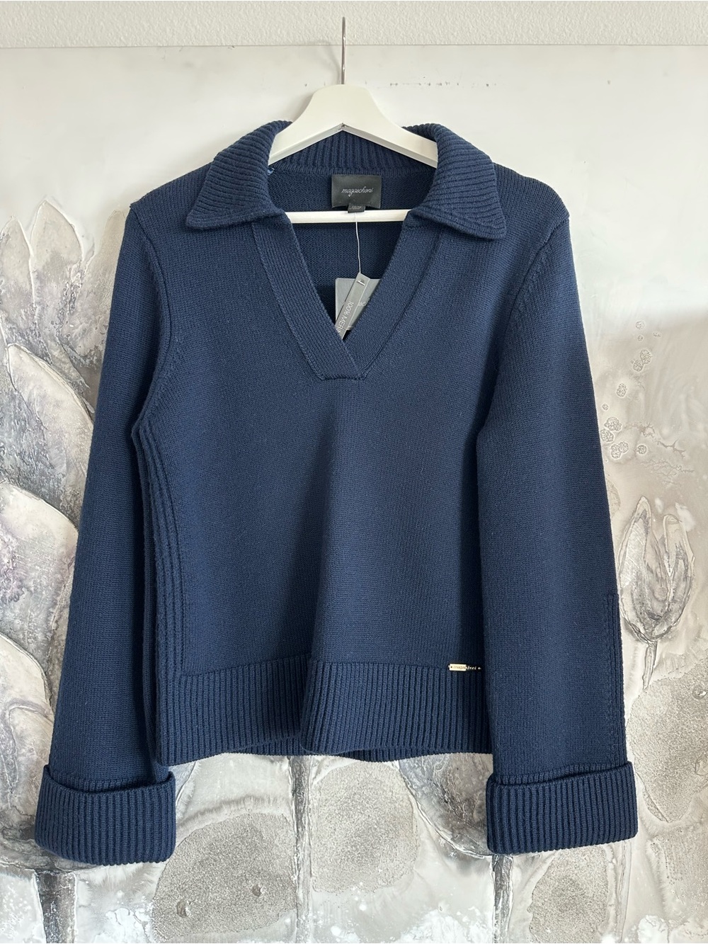 Magaschoni Navy V-Neck Collared Sweater